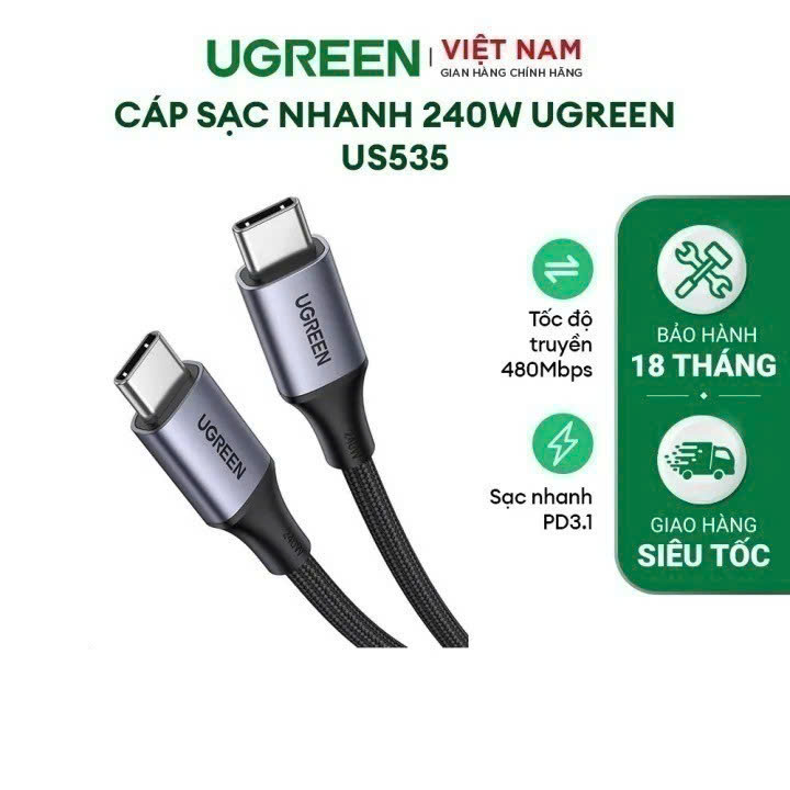 Cáp Sạc Nhanh 240W UGREEN US535 | Type C to type C PD3.1 48V 5A | Truyền Dữ Liệu 480Mbps | Hàng chính hãng | Bảo Hành18 Tháng 1 Đổi 1 | 90440 15311