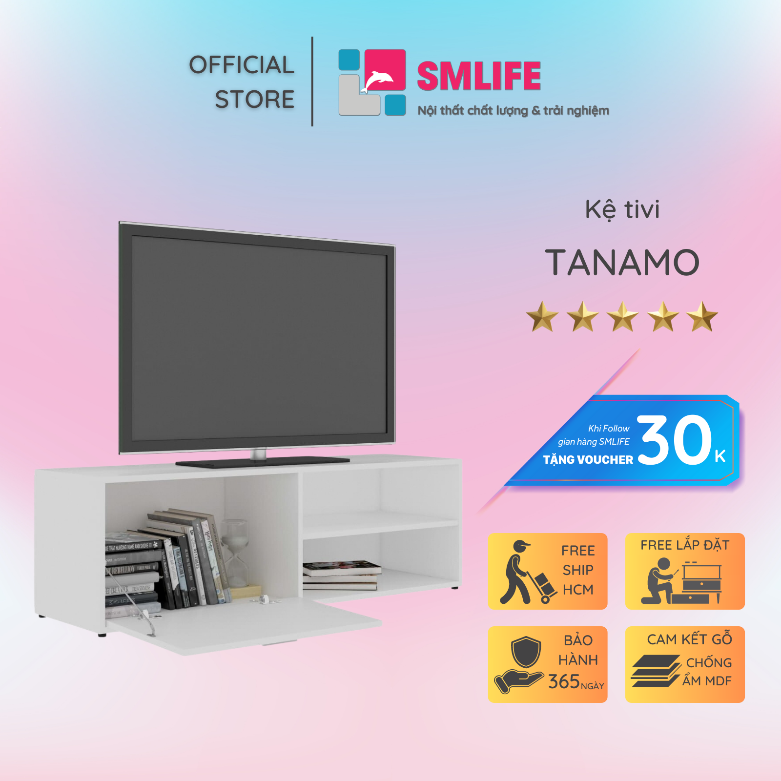 Kệ tivi gỗ hiện đại SMLIFE Tanamo | Gỗ MDF dày 17mm chống ẩm | D120xR34xC37cm