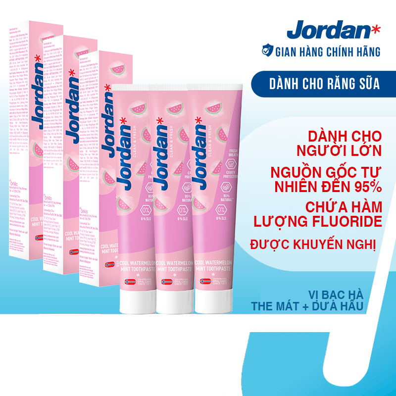 Combo 3 Kem đánh răng cho ngưởi lớn vị bạc hà dưa hấu Jordan Clean &amp; Fresh Cool - 75g