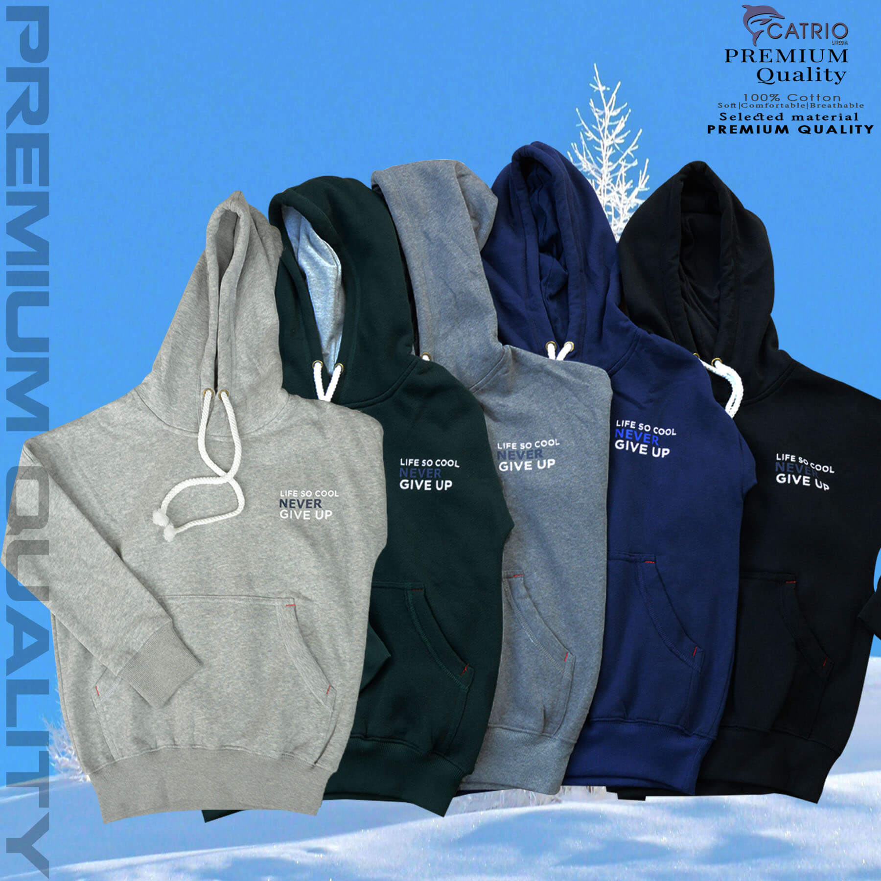 ÁO HOODIES TRẺ EM là áo thun dài tay, có mũ, có túi thời trang, vải 100% cotton dày và ấm vào mùa thu đông phù hợp với trẻ em cả bé trai và bé gái với hình in NEVER GIVE UP độc đáo ở phía trước và phía sau lưng in hình mountain có độ bền cao màu XANH RÊU