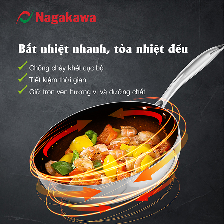 Chảo chống dính inox đa lớp toàn phần Nagakawa Natsu NAG2603 (26cm) - Dùng trên mọi loại bếp - Hàng chính hãng