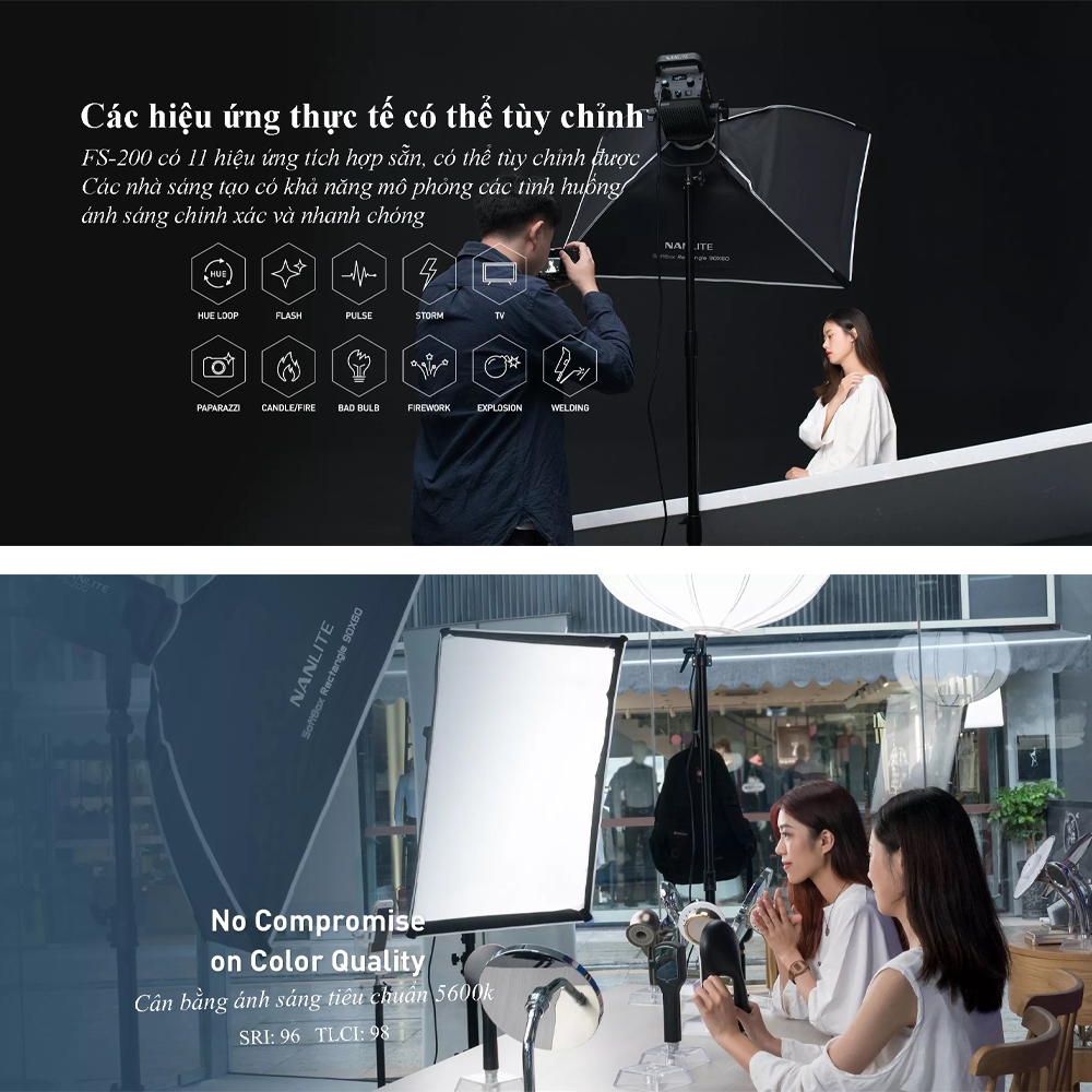 ĐÈN LED NANLITE FS-200 ánh sáng chuẩn 5600k với 11 hiệu ứng dùng trong studio quay phim làm video chụp hình livestreams hàng chính hãng