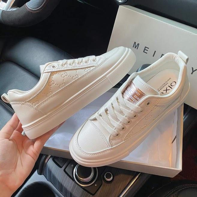 Giày Thể Thao Nữ Trắng Chất Da Mềm Sneaker Da Màu Trắng Họa Tiết Siêu Đẹp - TT5