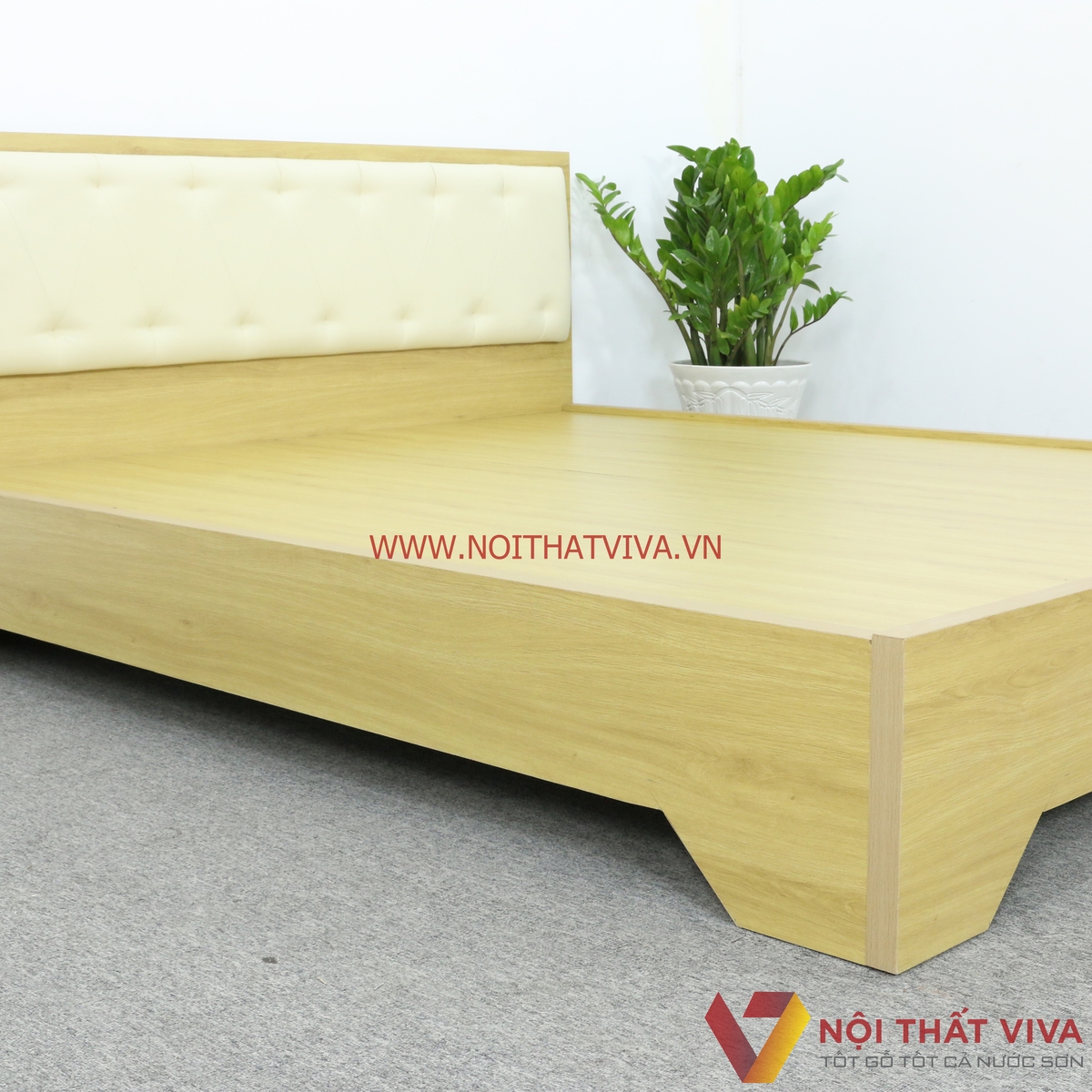 Giường Ngủ Gỗ Mdf Phủ Melamine Bọc Nệm Chân Cao Màu Kem