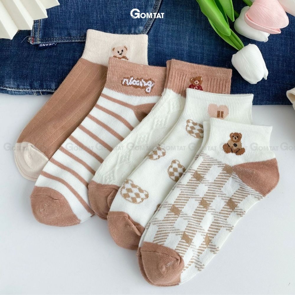 Set 5 đôi tất nữ cổ ngắn GOMTAT họa tiết hình gấu dễ thương, vớ nữ cổ thấp chất liệu cotton mềm mịn thoáng mát êm chân - CB094