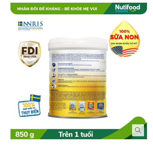 Sữa Bột GrowPLUS+ Vàng của hãng Nutifood Thụy Điển cho bé trên 1 tuổi ,Lon 850g -Sữa Non tăng sức đề kháng, tăng cân, tiêu hóa tốt