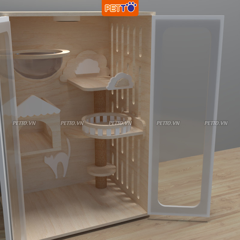 Tủ mèo bằng gỗ HIỆN ĐẠI kết hợp cửa kính cường lực trong suốt, có hệ thống ĐÈN LED tiện lợi CC016