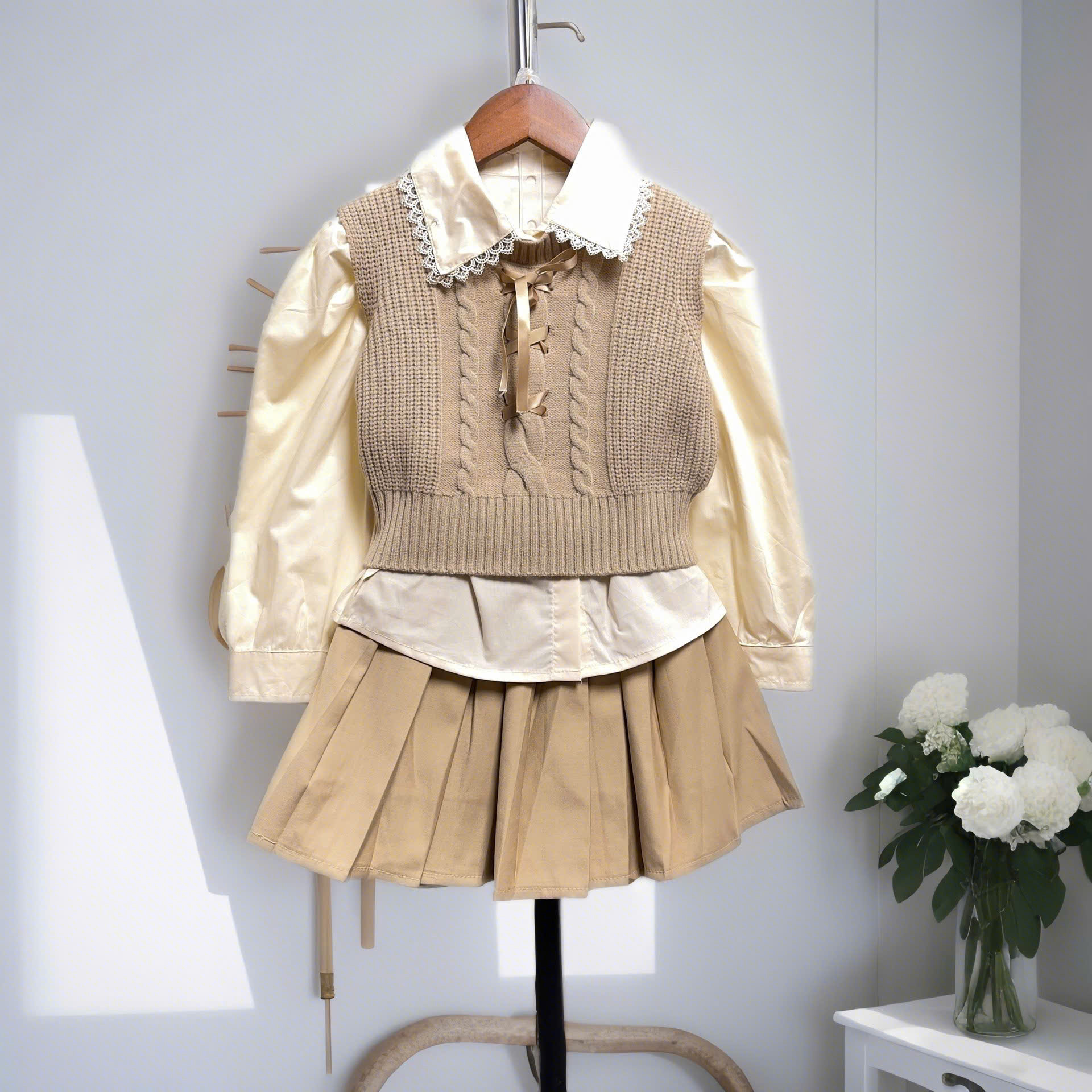 Set váy cho bé gái 3 chi tiết 4-10 tuổi cổ đính đá lấp lánh phong cách Hàn Quốc kiểu dáng thời trang