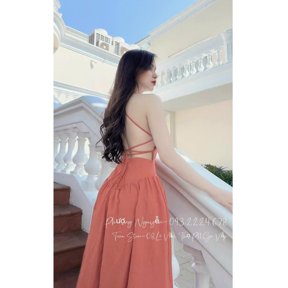 Đầm xoè cổ yếm nhún ngực hở lưng đan dây xịn xò