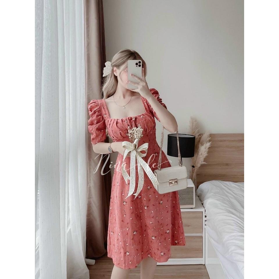 Đầm xoè lụa hoa cổ vuông tay nhún xếp ly ngực xinh xắn
