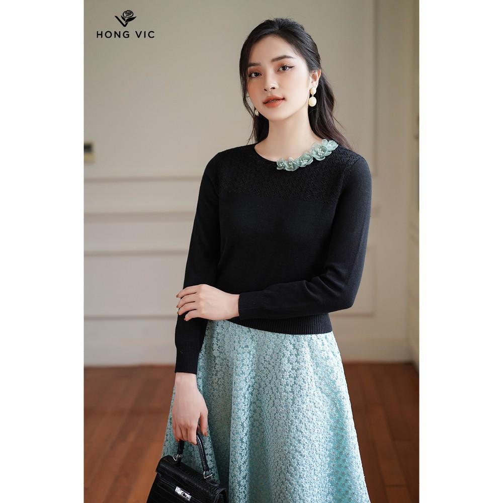 Áo nữ thiết kế Hongvic len đen hoa xanh AL01