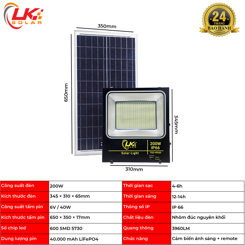 Đèn Led Năng Lượng Mặt Trời Siêu Sáng 200W CHÍNH HÃNG- LK SOLAR TGD-99200, Sử dụng 100% năng lượng mặt trời, dễ dàng lắp đặt ngoài sân vườn, trong nhà, nhà xưởng, trang trại, cảm biến ánh sáng, có remote điều khiển từ xa