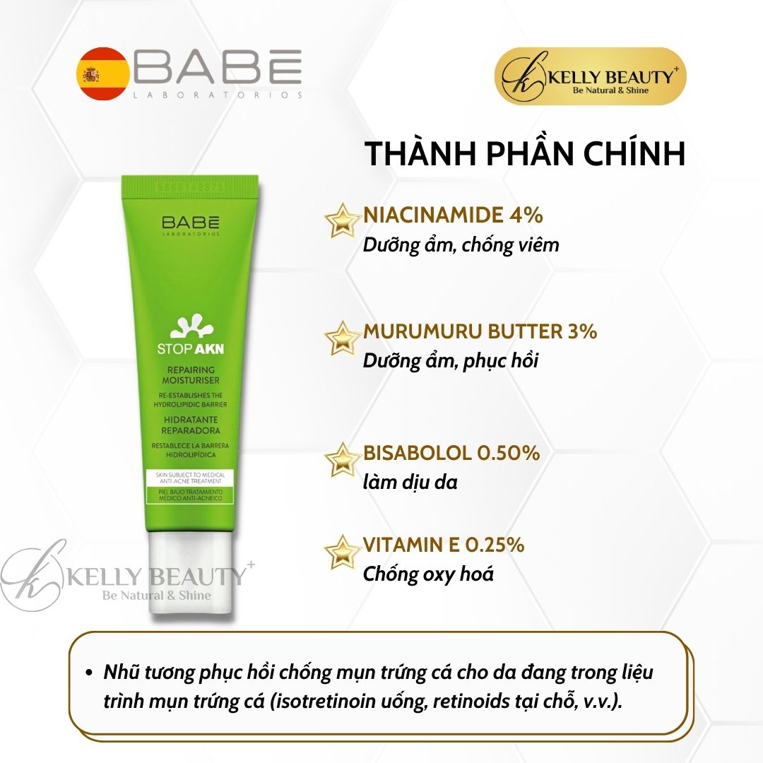 Kem Dưỡng Phục Hồi Da BABE STOP AKN Repairing Moisturiser - Chống Viêm, Ngừa Mụn, Nuôi Dưỡng Da | Kelly Beauty