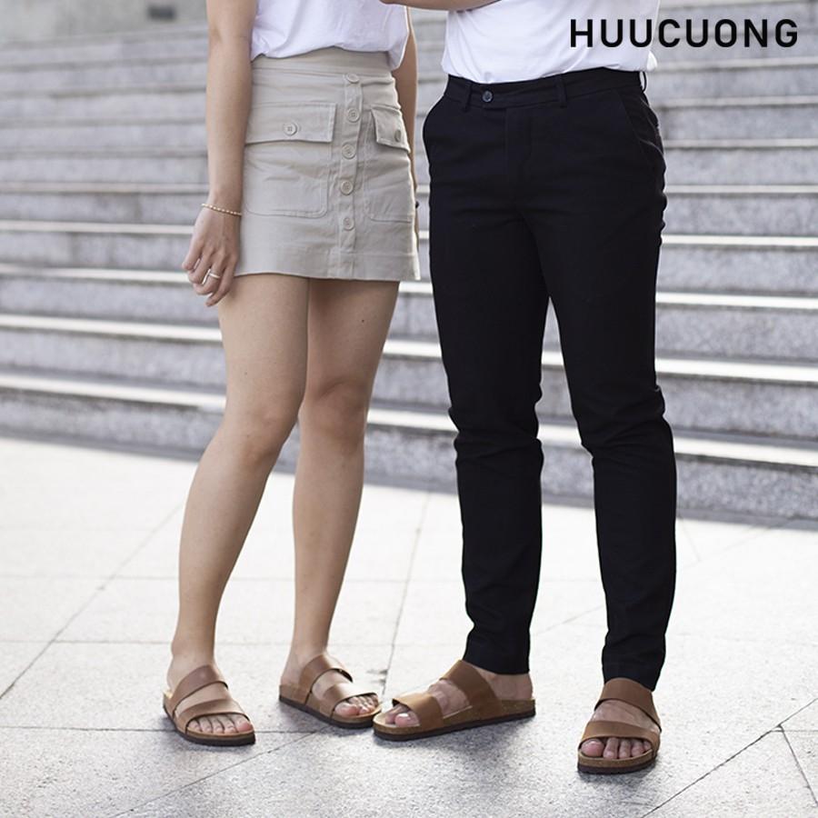 Dép unisex HuuCuong 2 quai da bò nâu đế trấu handmade