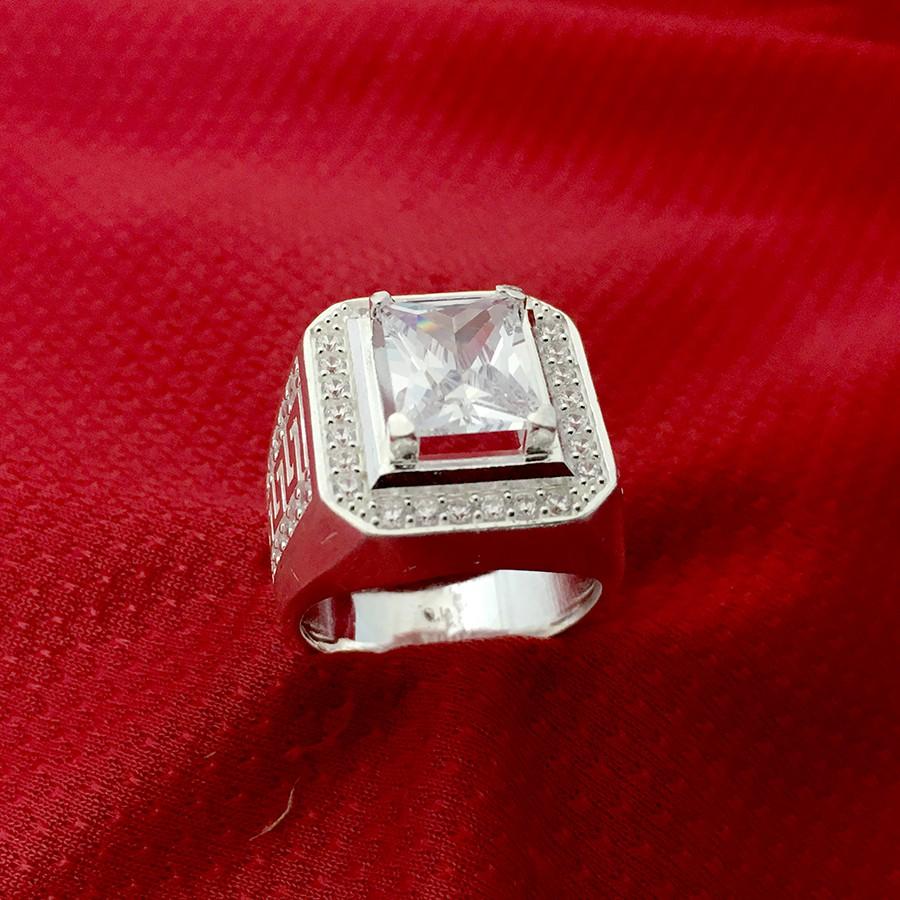 Nhẫn nam Bạc Quang Thản NA32 đá màu trắng hình chữ nhật 100% bạc ta cao cấp không xi mạ