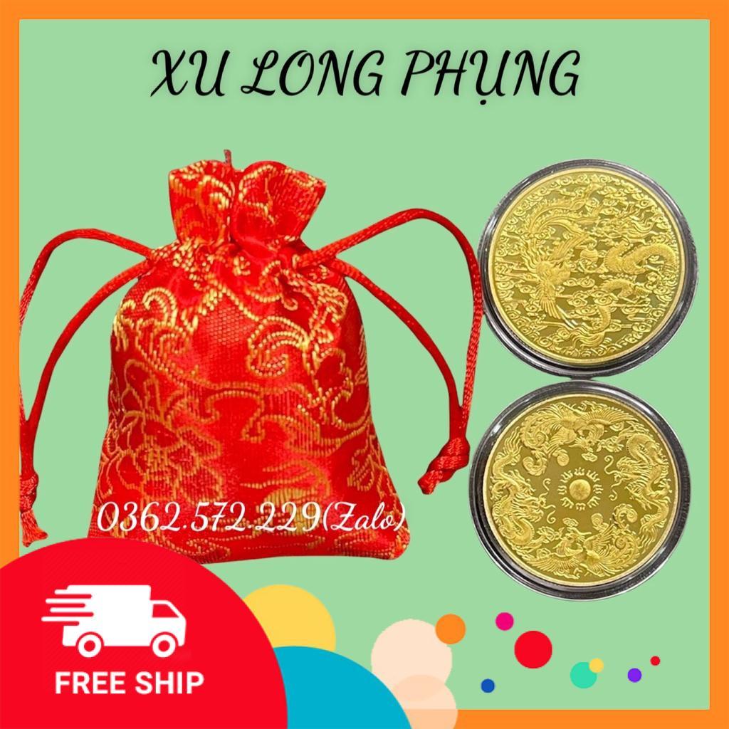 Đồng xu Long Phụng phong thuỷ may mắn tặng hộp nhung ,móc khóa, túi gấm đỏ may mắn tai lộc