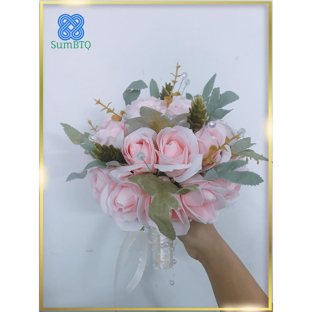 Hoa Cầm Tay Cô Dâu ️ Hoa Cưới Sáp Hồng Kết Lá
