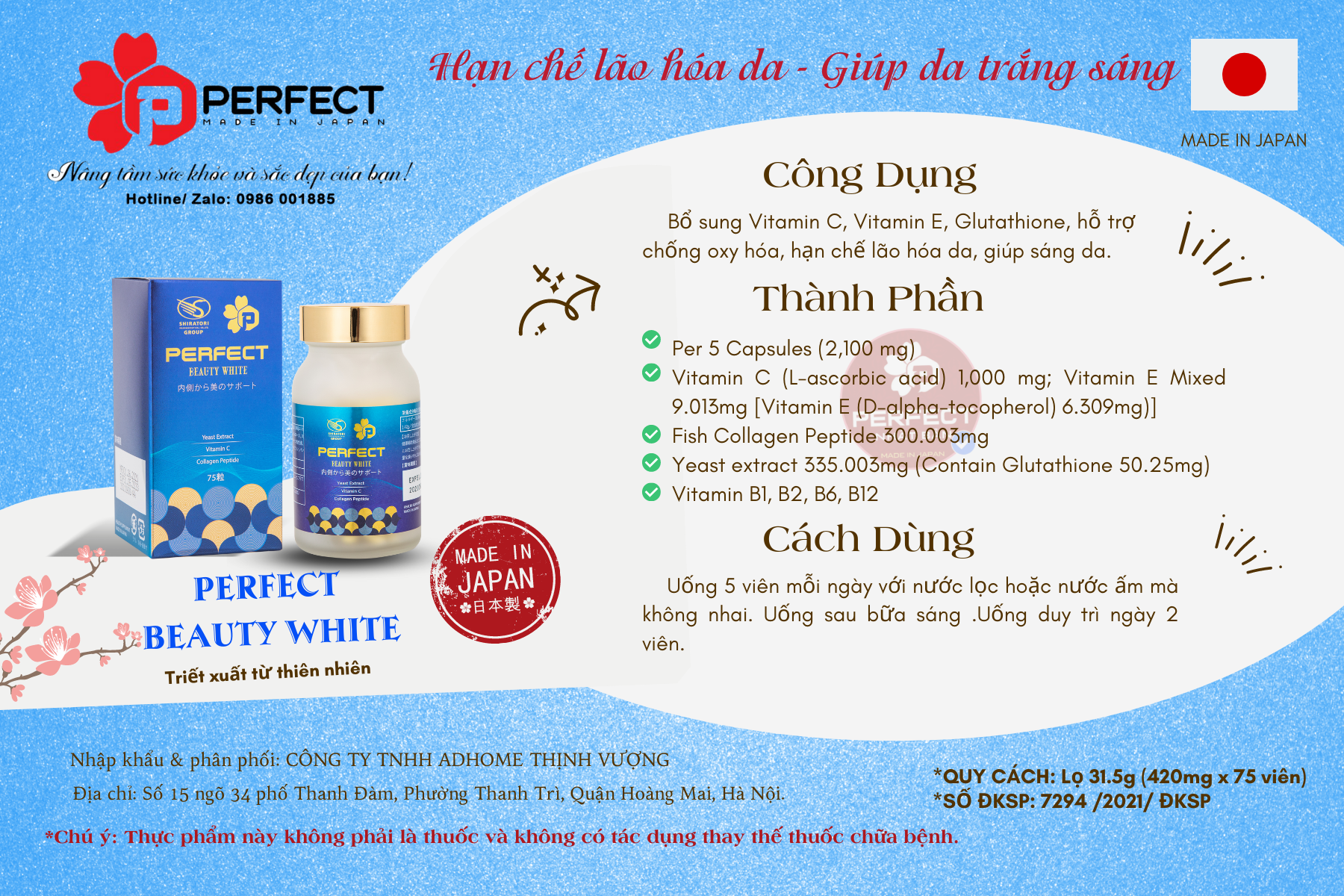 Trắng da Perfect Beauty White :THỰC PHẨM BẢO VỆ SỨC KHỎE