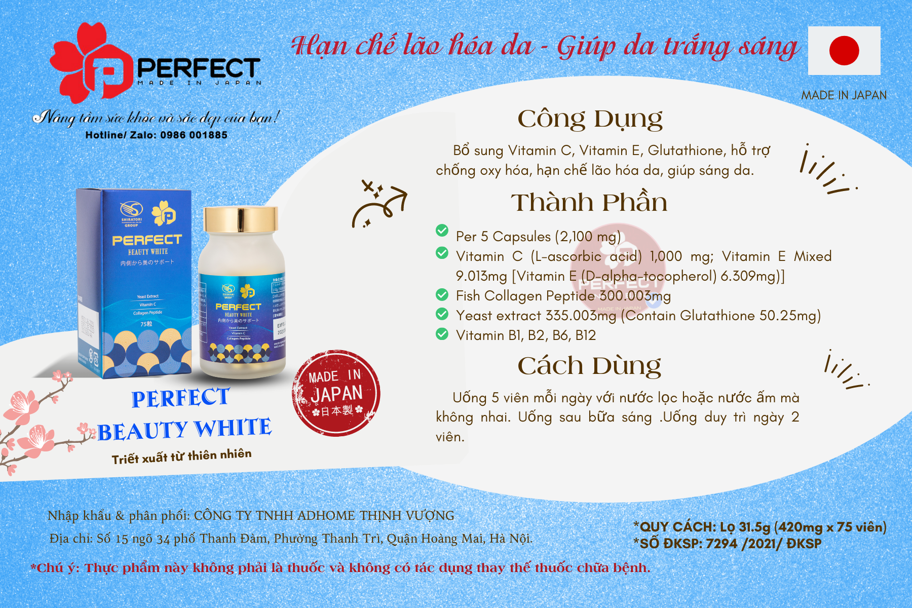 Trắng da Perfect Beauty White :THỰC PHẨM BẢO VỆ SỨC KHỎE 