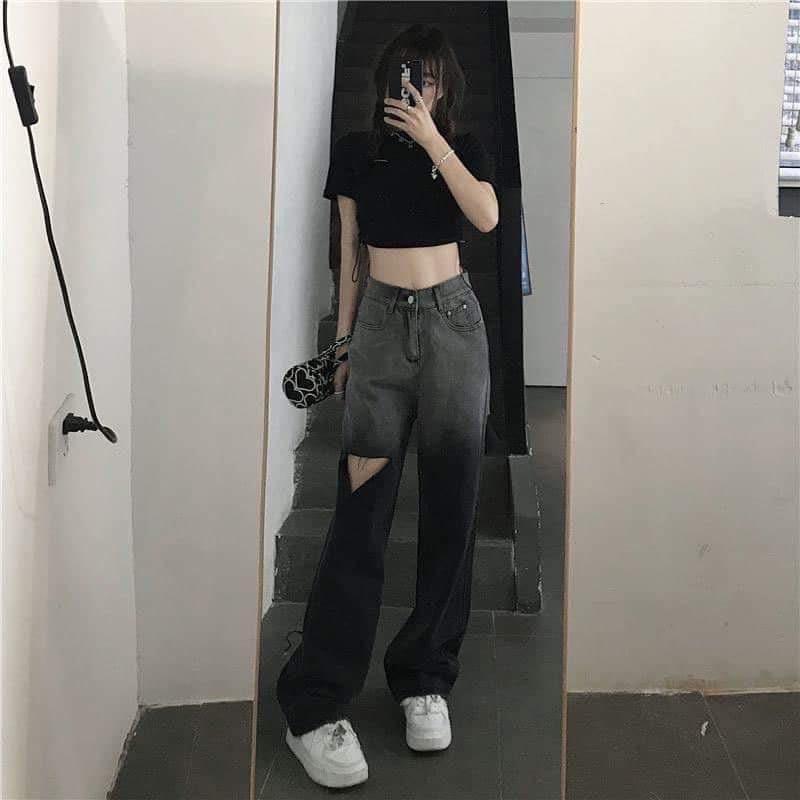 Quần jean Quần bò loang ống rộng BIG SIZE unisex màu đen khói dài ống đứng style Ulzzang dành cho nữ PHULA