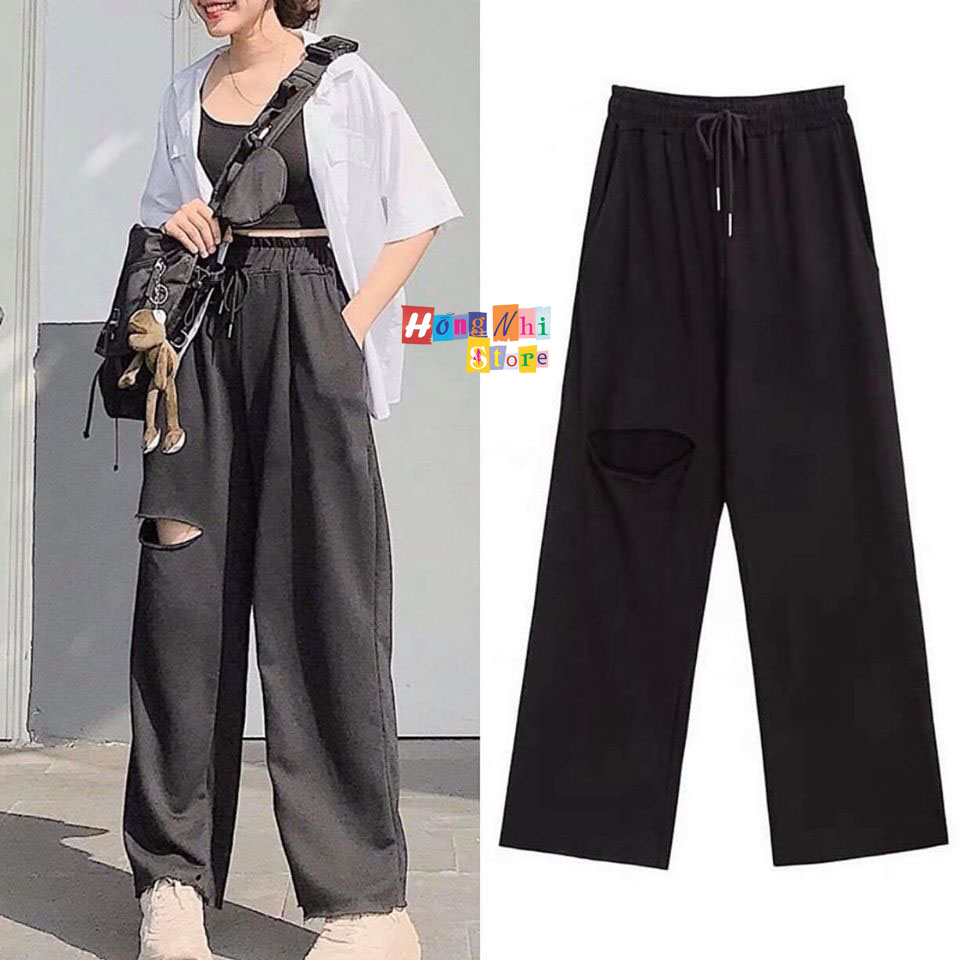 Quần Ống Rộng Rách Gối Màu Đen - Quần Ống Rộng Lưng Thun Rách Gối Unisex - MM