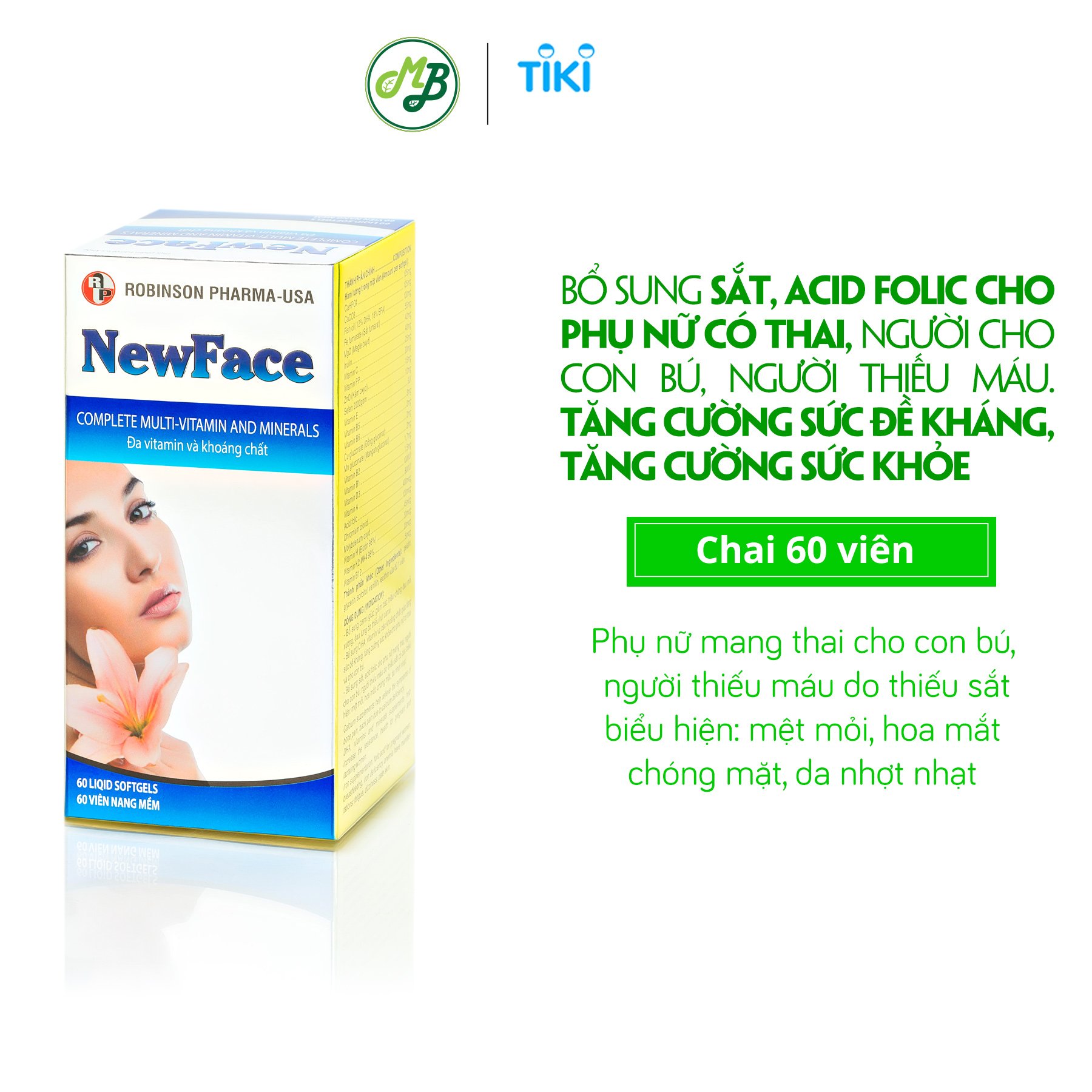 TPCN viên uống NEWFACE- Robinson Pharma Usa giúp bổ sung sắt,DHA,Vitamin và khoáng chất,cân bằng nội tiết tố...chai 60 viên