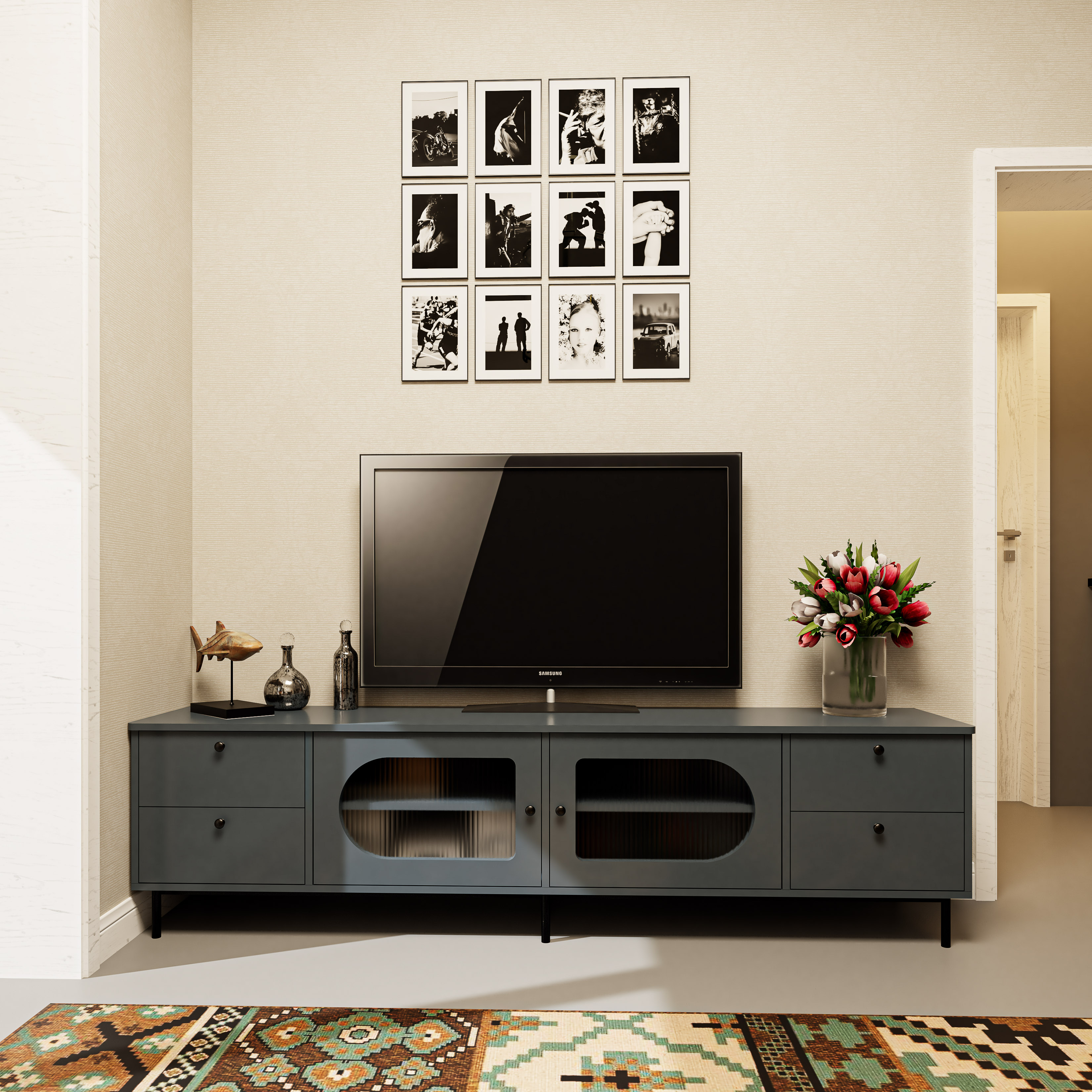 SISEEL, Kệ TV 2 cánh mở 4 ngăn kéo - chân sắt, 200cm x 40cm x 52cm , KTV_052