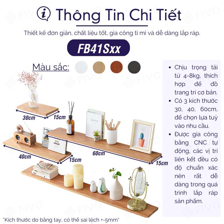 Kệ Trang Trí Treo Tường Gỗ MDF 17mm Chống Ẩm FIVO FB41 Đơn Giản Tiện Dụng Dễ Dàng Gắn Tường - Hàng Chính Hãng