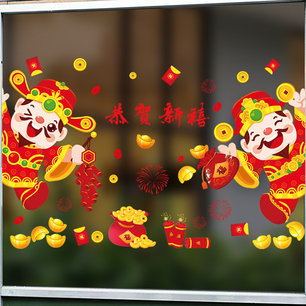 Decal dán kính trang trí Tết- Thần tài gõ cửa-