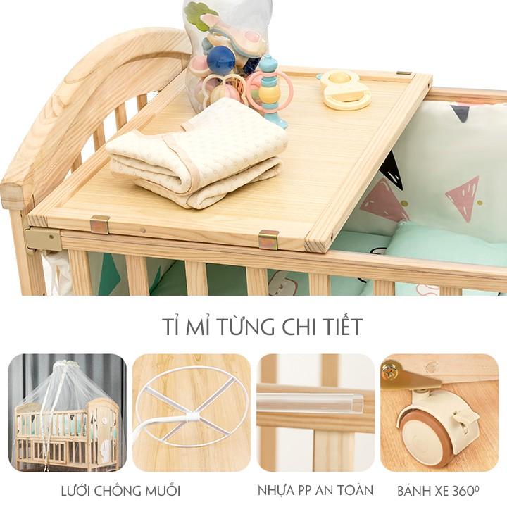 Cũi kéo dài thành giường, 2 tầng chuyển thành giường 1m65 gồm: Cũi, quây, đệm xơ dừa, màn, gối trọn bộ