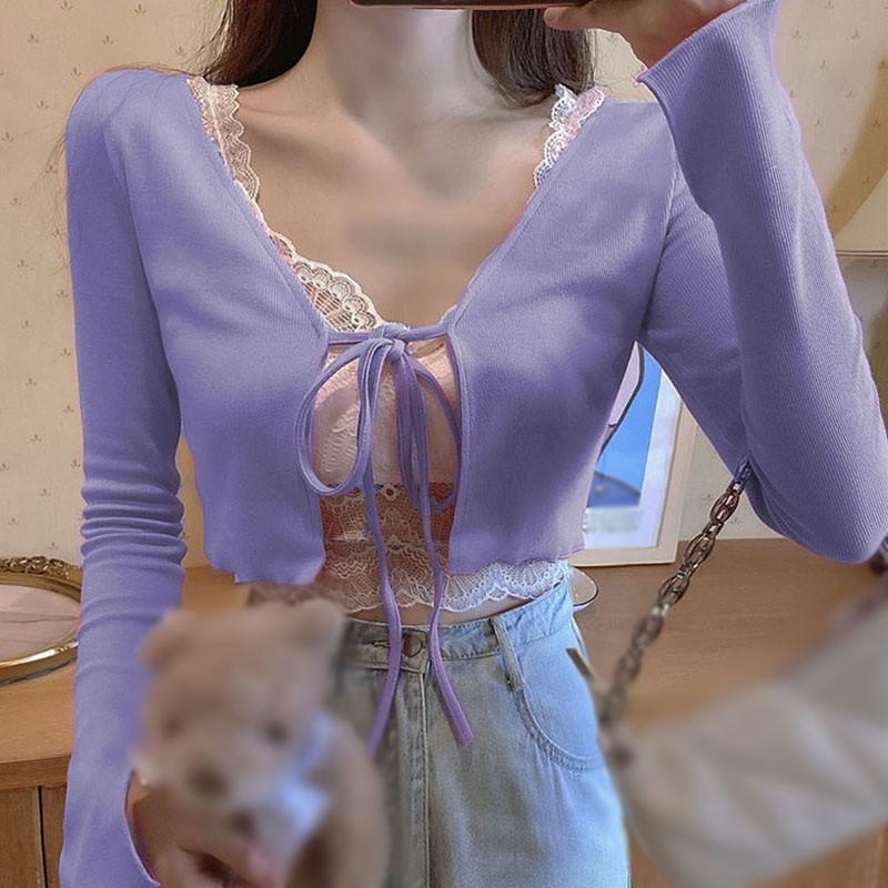 Áo Khoác Cardigan Dệt Kim Phối Ren Xinh Xắn Cho Nữ