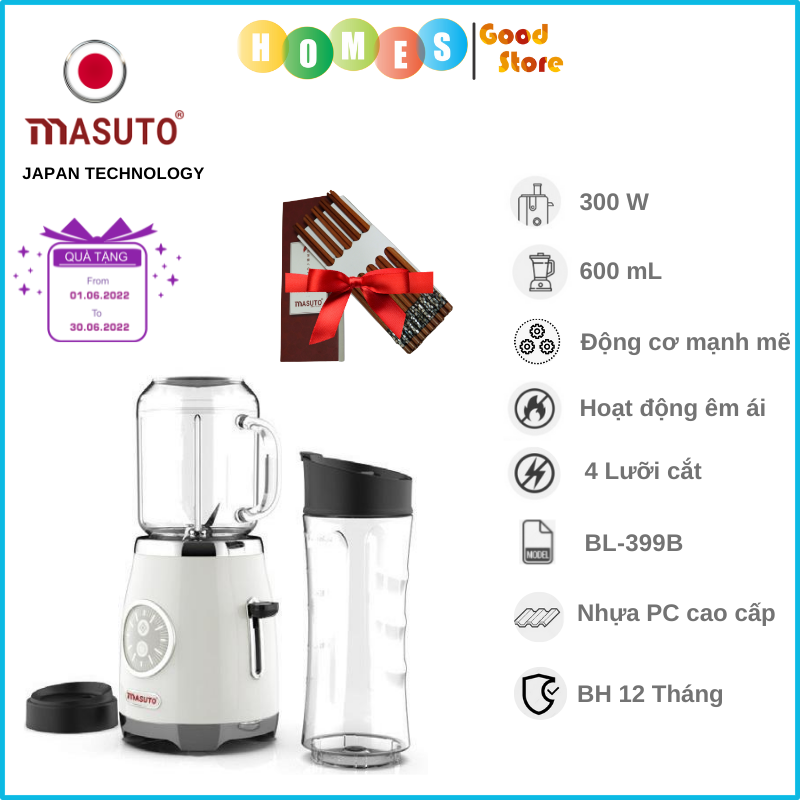 Máy Xay Sinh Tố 2 Cối MASUTO BL399B Dung Tích 0.6L Công Suất 300W - Hàng Chính Hãng