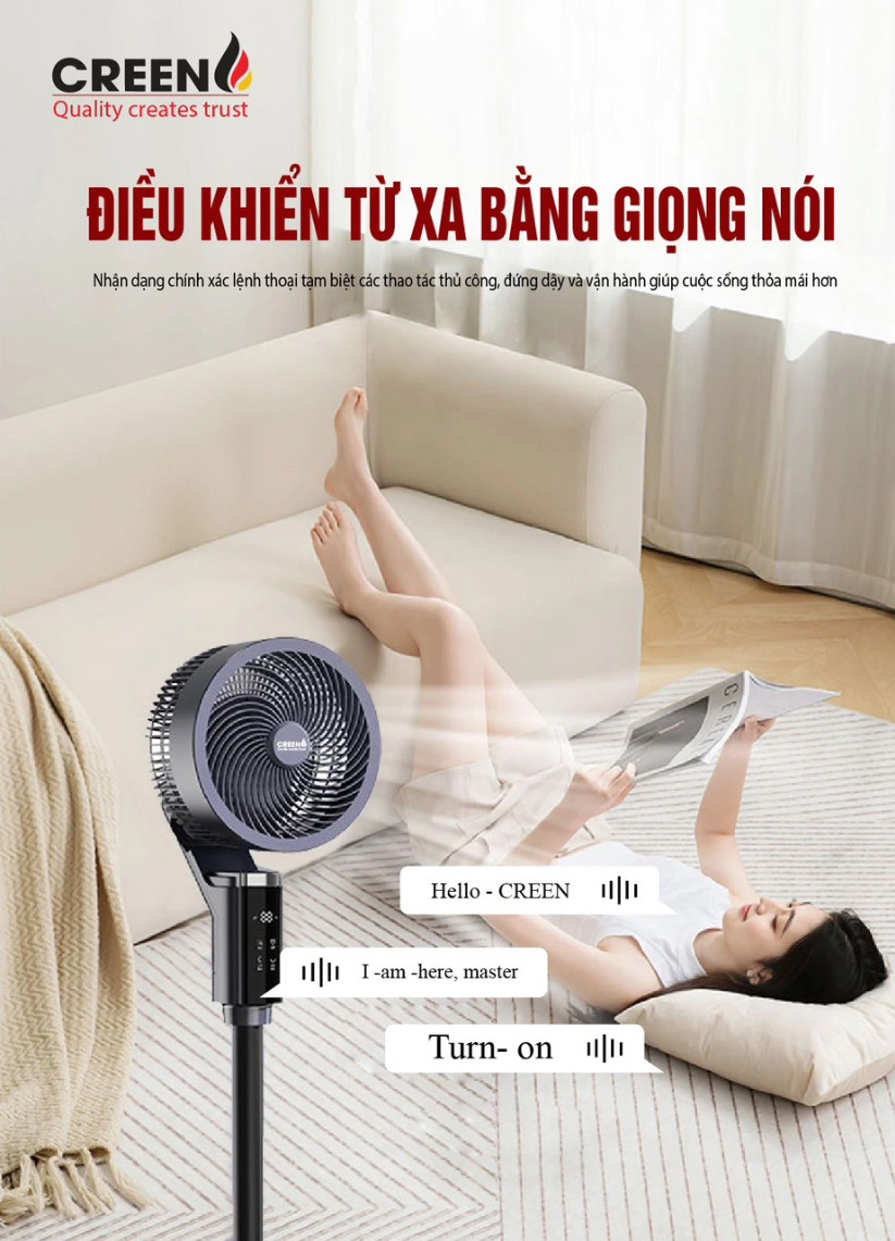 Quạt Tuần Hoàn CREEN CR-FSM50-DC Điều Khiển Giọng Nói,12 Tốc Độ, Động Cơ DC 55W, Hàng Chính Hãng