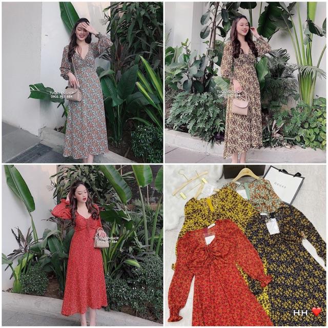 Đầm hoa vintage rút ngực thiết kế