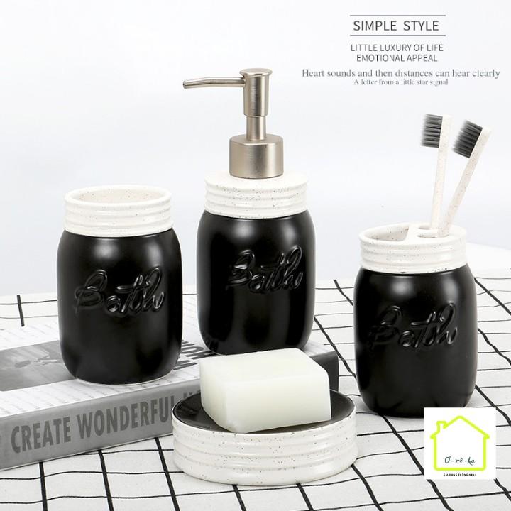 Đồ dùng phòng tắm 4 món Black & White bằng sứ đẹp, set đồ dùng nhà tắm đựng bàn chải, xà phòng, cốc súc miệng - Oreka