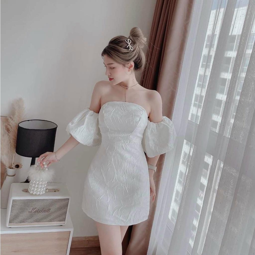 Đầm váy nữ trễ vai cúp ngực họa tiết tay phồng xốp gân ( có mút ngực ) màu trắng thanh lịch , dự tiệc dạo phố Hàn Quốc