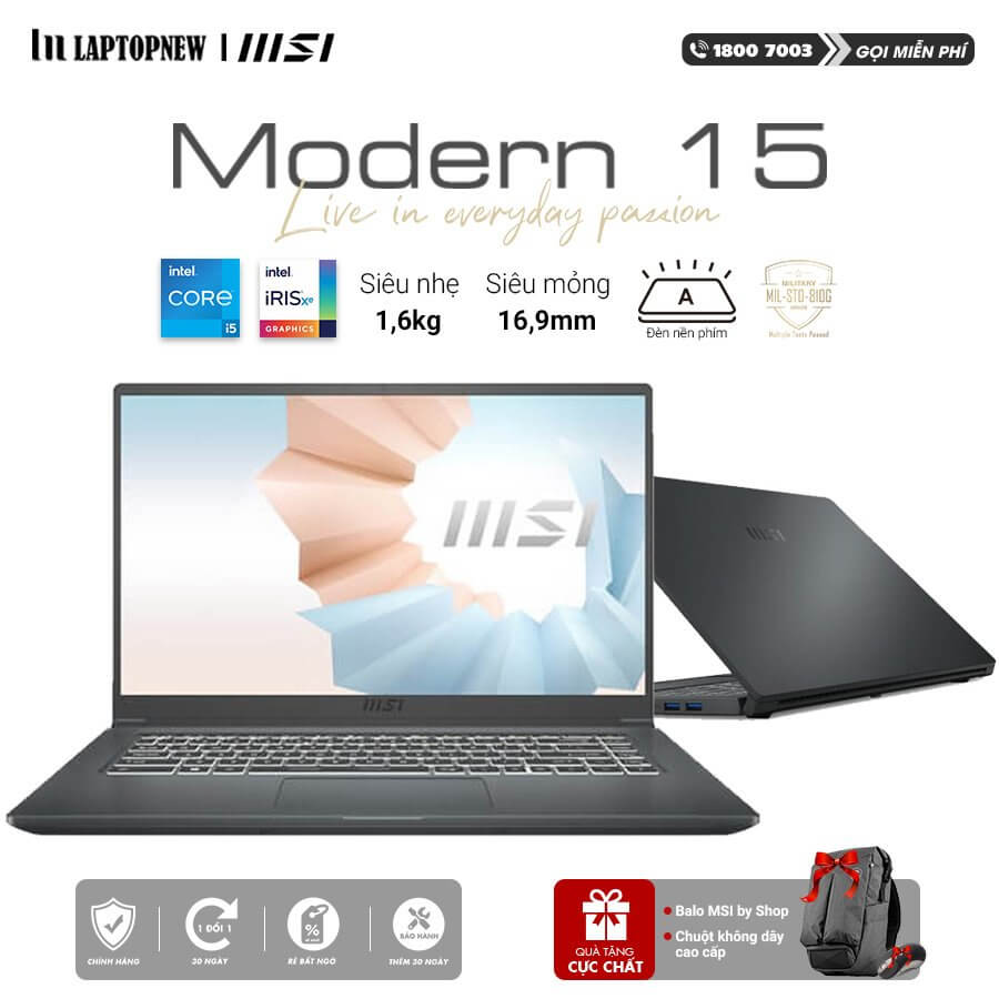 Laptop MSI Modern 15 A11M 1024VN (Gray) | i5-1155G7 | 8GB DDR4 | SSD 512GB PCIe | Win10 - HÀNG CHÍNH HÃNG