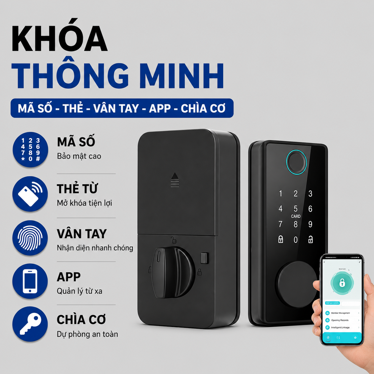 Khóa Cửa Thông Minh MK44 – Mở Khóa App Tuya + Vân tay + Chìa khóa + Thẻ từ + Mã số - hàng chính hãng