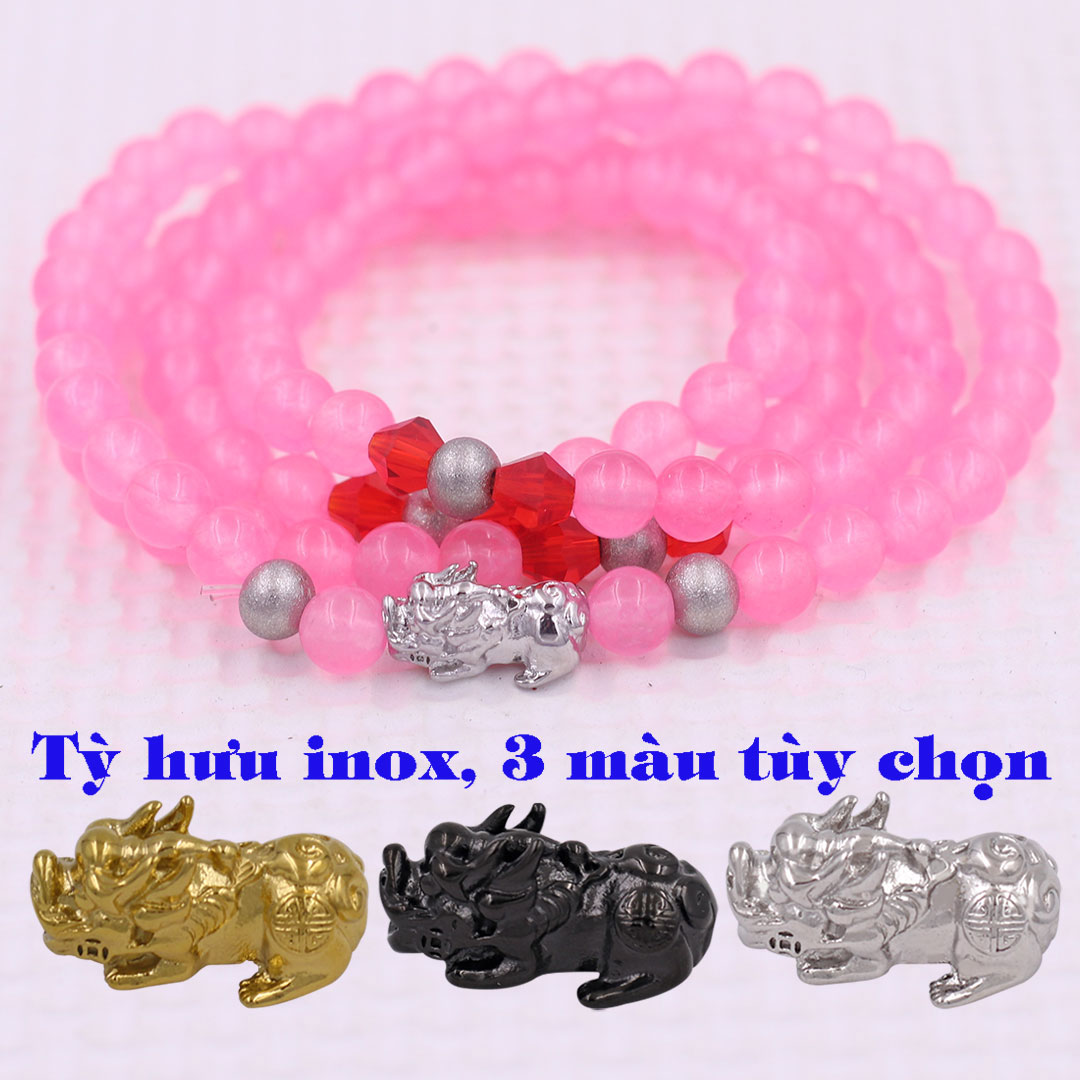 Vòng chuỗi 108 hạt Đá Thạch anh hồng phấn charm tỳ hưu inox - Chuỗi hạt 6 ly, 8 ly - Vòng chuỗi niệm Phật Bình an, May mắn - Mệnh Hỏa, Thổ
