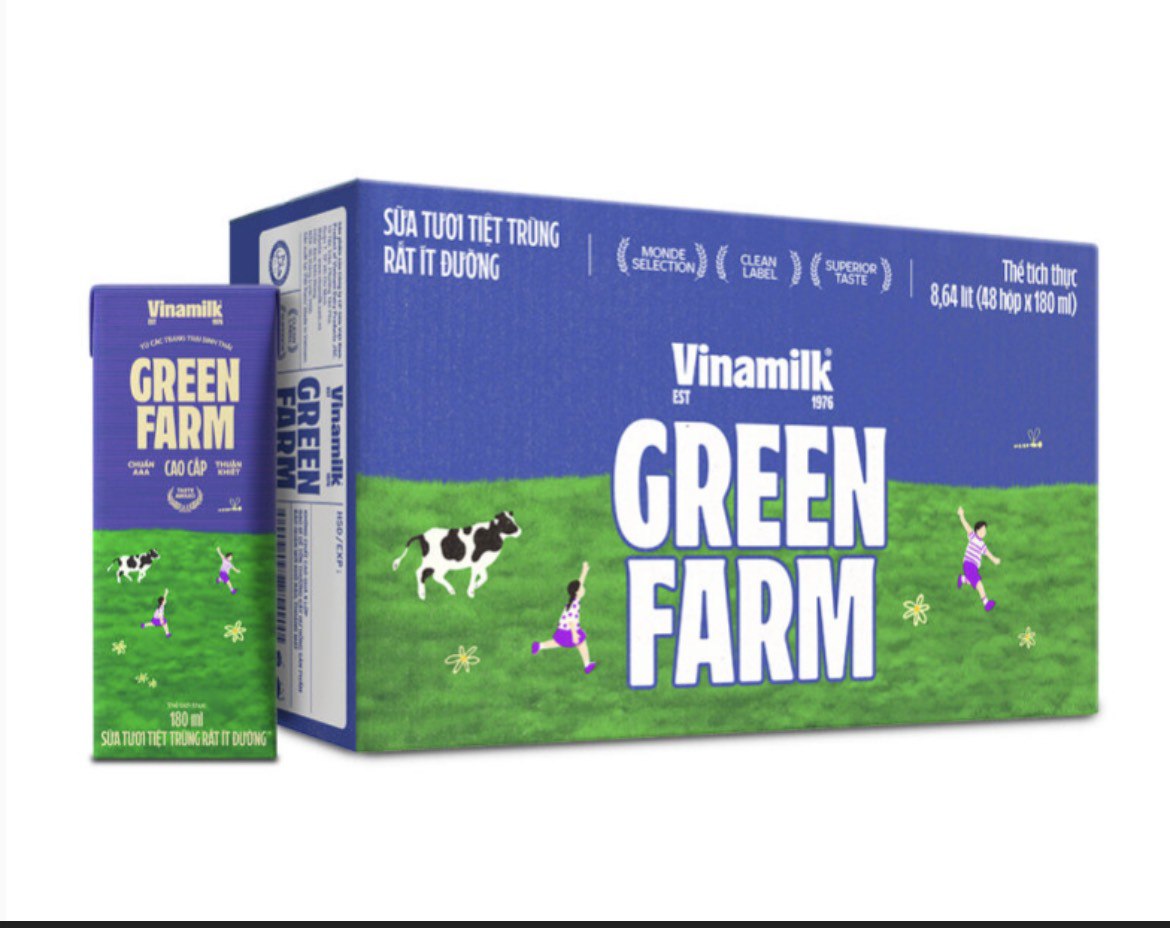 Thùng 48 Sữa Tươi Tiệt Trùng Vinamilk Green Farm - Sữa Tươi 100% Ít Đường 180ml