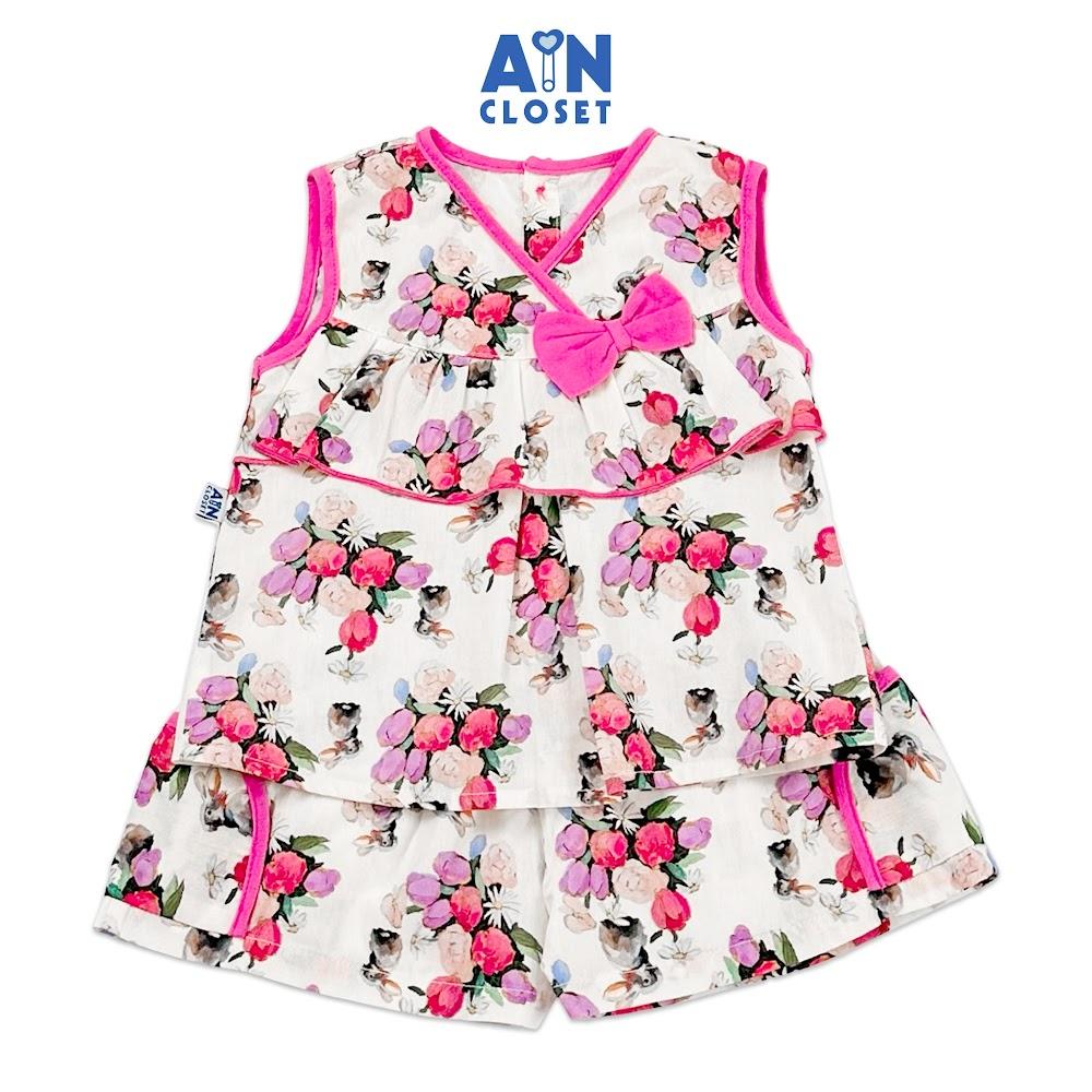 Bộ quần áo ngắn bé gái họa tiết Tulip Nơ hồng tím cotton - AICDBG0IXWDH - AIN Closet