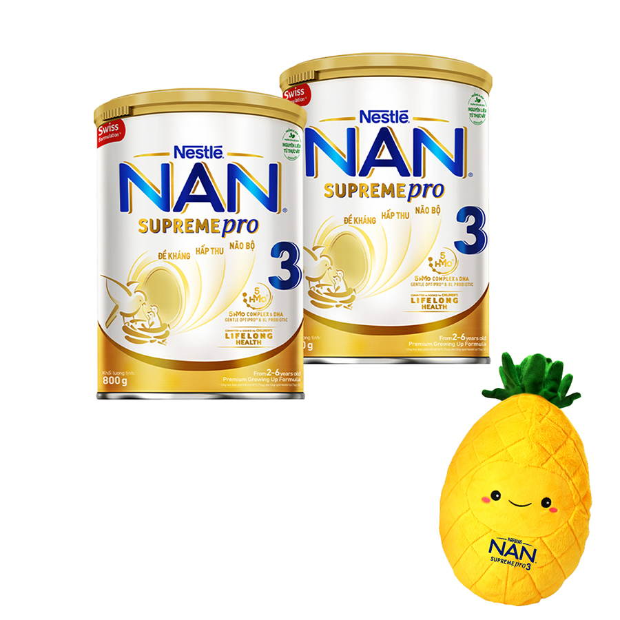 Bộ 2 Lon Sữa Bột Nestlé NAN SupremePro 3 với 5HMO giúp tăng đề kháng, đạm Gentle Optipro giúp dễ hấp thu & ngừa nguy cơ dị ứng - SP nhập khẩu từ Đức -Tặng Gối ôm trái thơm