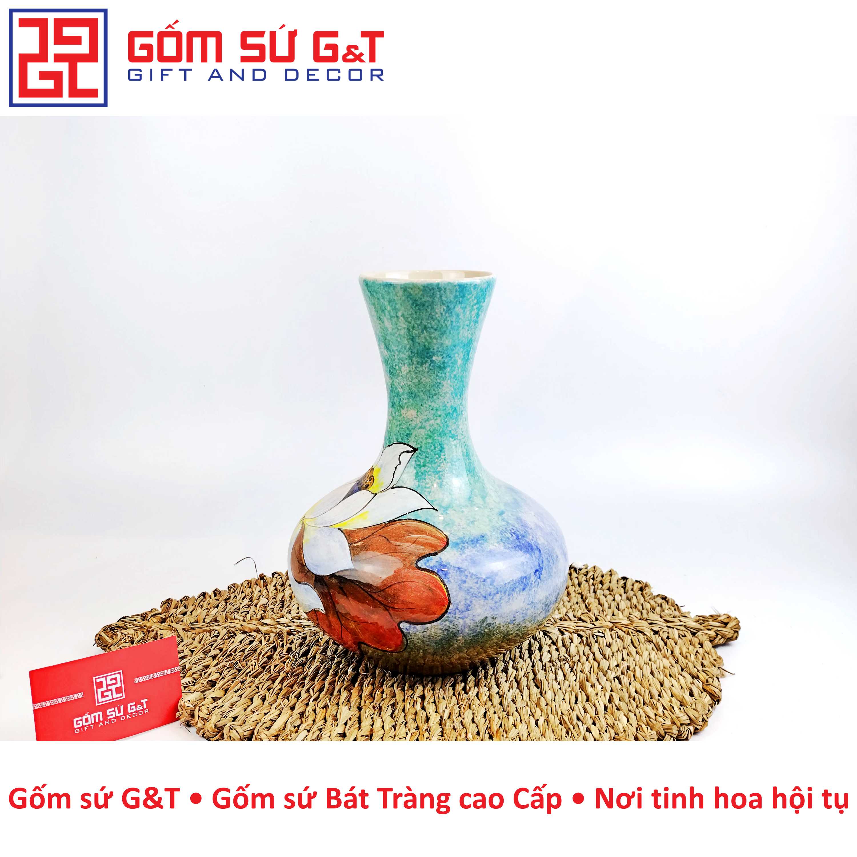 Lọ hoa dáng tỏi dẹt vẽ bạch liên Gốm Sứ G&T