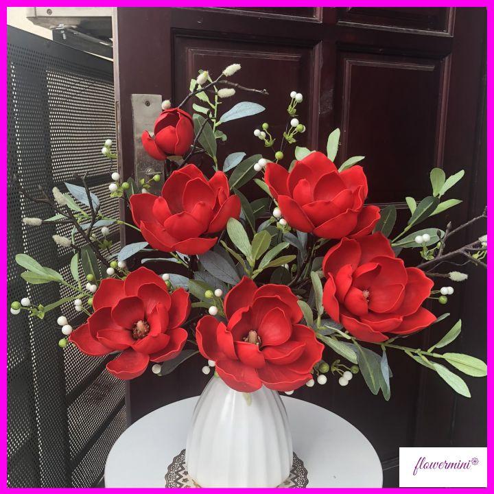 Hoa giả, bình hoa mộc lan cao cấp điểm quả cherry để bàn trang trí nội thất phòng khách đẹp sang trọng Flowermini ML-01