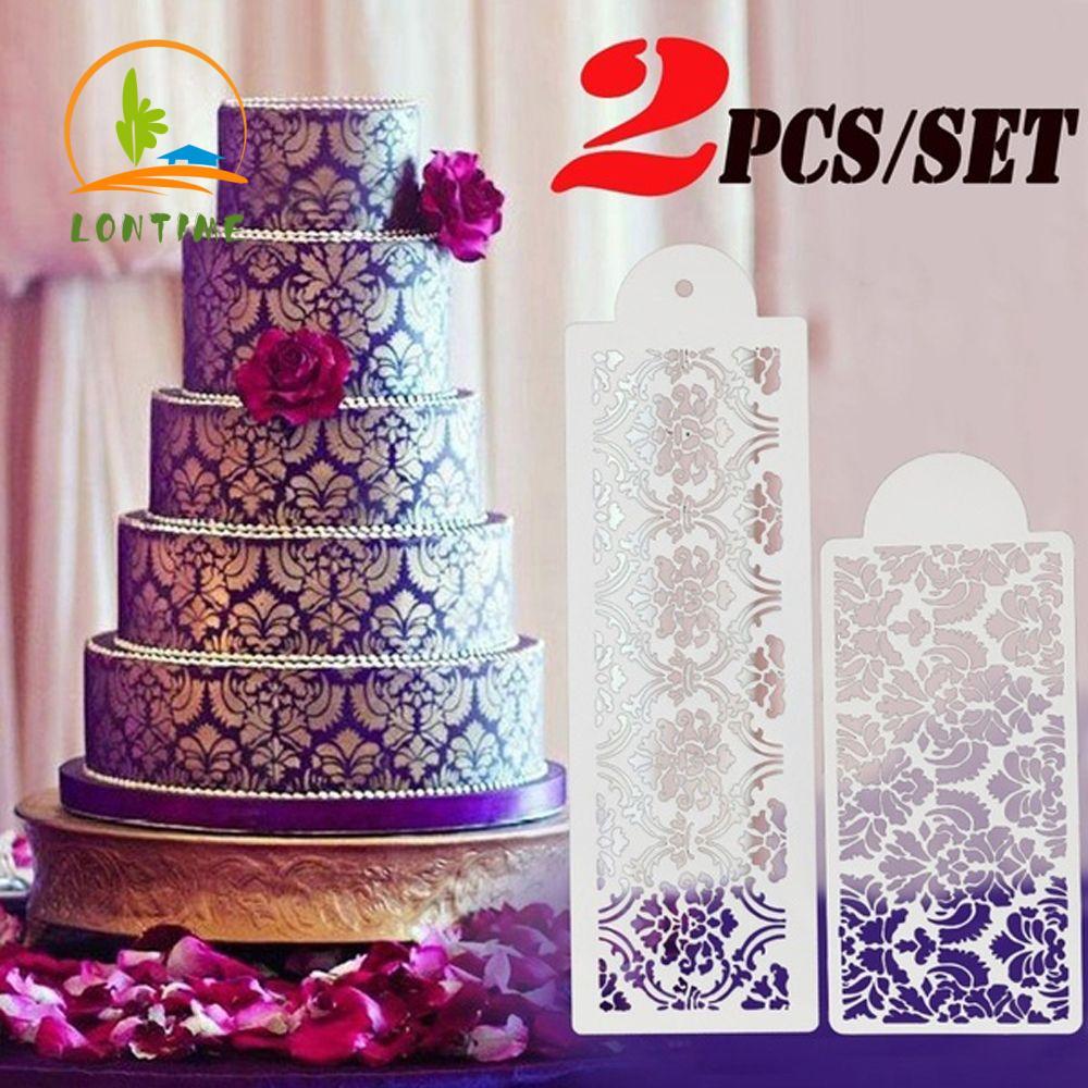LONTIME 2PCS Wedding Supplies Cupcake Stencil DIY Template Fondant Mold Cake Damask Lace Border Pastry Making Sugarcraft Baking Mould Plastic Cake Decorating Tool