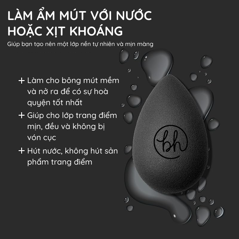 Bông mút trang điểm BH Cosmetics dễ tán mềm mịn hình giọt nước có hộp đựng màu đen