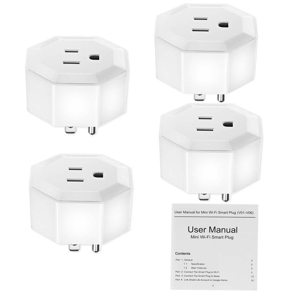 4PCS Wireless WIFI Smart Plug US Outlet WI-FI Socket Charging Adapter Smart Home Power Plug Remote Control Via Phone App Smart Timer Compatible with for Amazon Alexa and for Google Home/Nest IFTTT For TP-Link