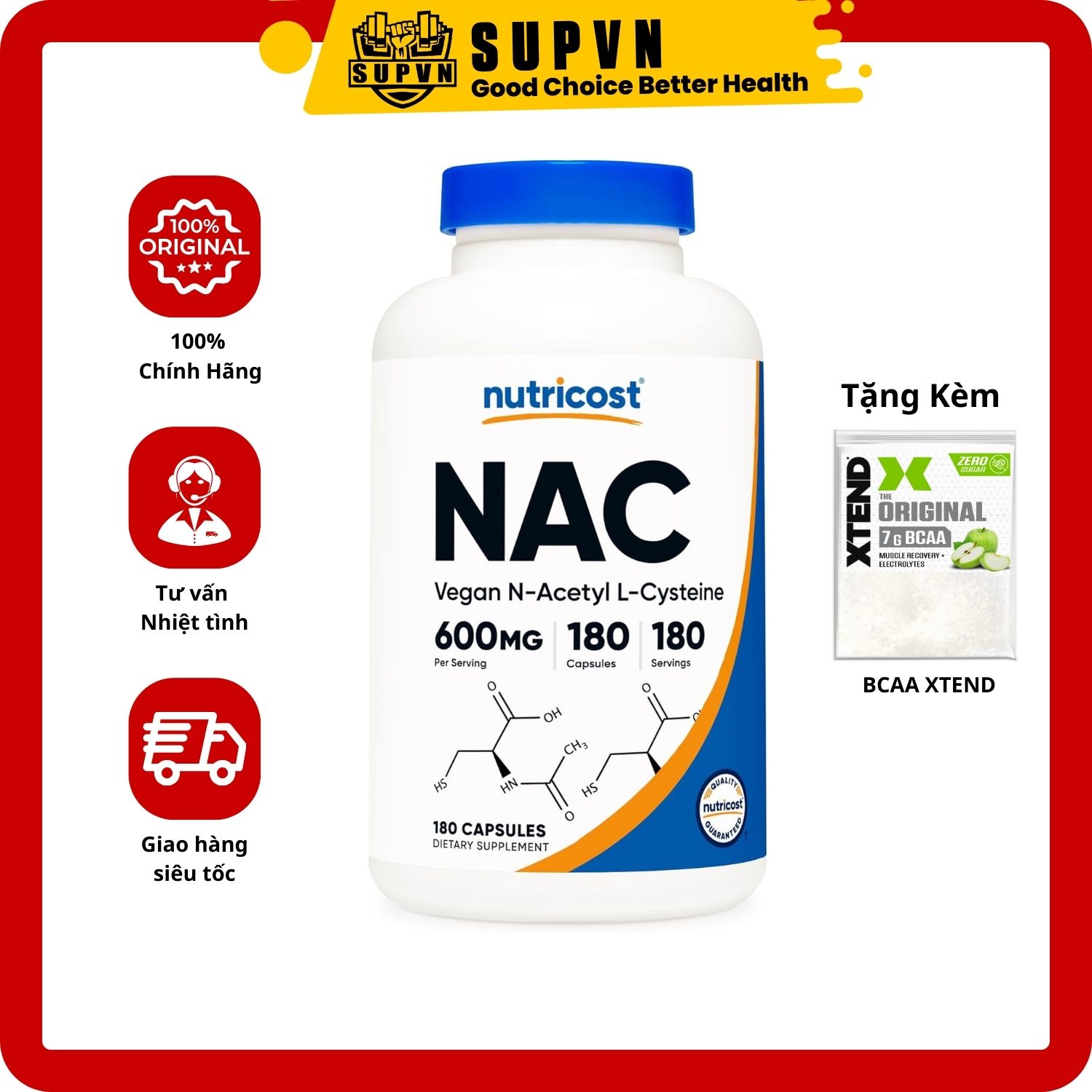 NUTRICOST NAC VEGAN N-ACETYl L-CYSTEINE 600MG (180viên) - Bảo Vệ Sức Khỏe