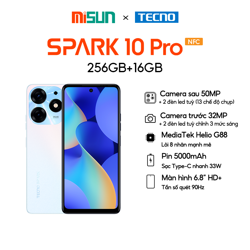 Điện thoại Tecno SPARK 10 Pro 8GB/256GB - Helio G88 | 5000 mAh | Sạc nhanh 18W | Cảm ứng vân tay | Hàng Chính Hãng