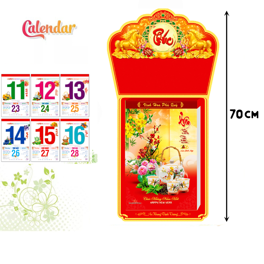 Lịch Trà Đạo khổ bloc 25 * 35 chiều dài tổng 70 cm mừng xuân 2026 Bính Ngọ có ngày giờ Hoàng Đạo chính xác
